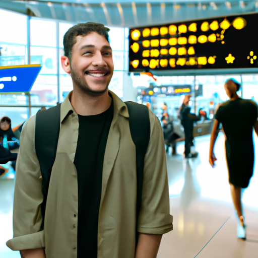 תמונה של מטייל מאושר מתכונן לעלות למטוס בנמל התעופה בן גוריון בישראל.