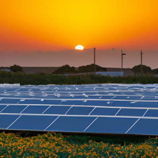 נוף שקיעה של חווה סולארית בצפון ישראל, המסמל עתיד מזהיר לאנרגיה מתחדשת באזור