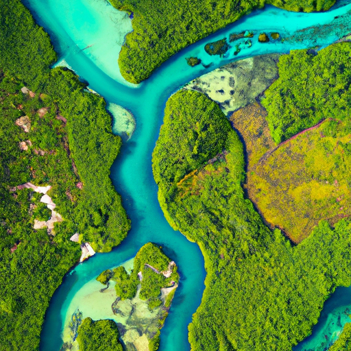 1. מבט אווירי של שמורת הביוספרה סיאן קאאן, המציג את המנגרובים השופעים ואת החיים הימיים התוססים שלה.