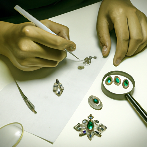 מעצבת משרטטת עיצובי תכשיטים מורכבים, מוקפת באבני חן שונות ומתכות יקרות.