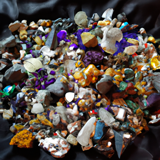 מערך של אבנים ומתכות יקרות המוצגות על משטח קטיפה, המציגות את הצבעים והצורות המגוונות שלהם.