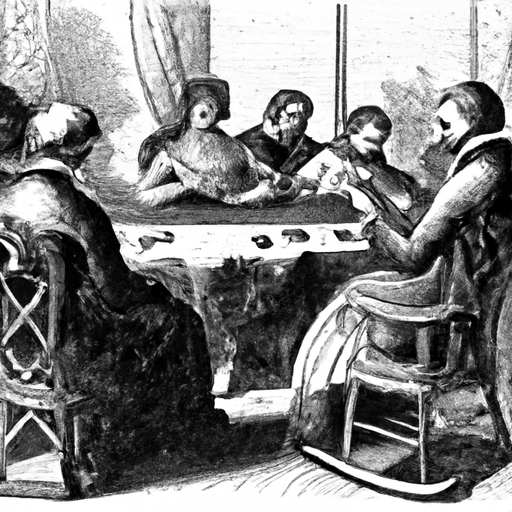 איור עתיק המתאר אנשים משחקים סוליטר במאה ה-19