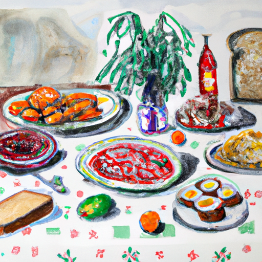 שולחן משוכלל עם מגוון מאכלים רוסיים לנובי גוד.