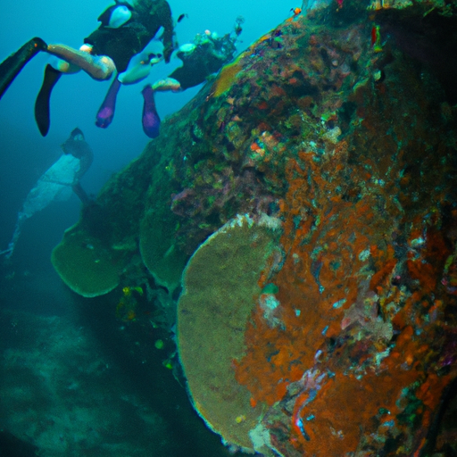 צילום תת מימי של צוללנים חוקרים את שוניות האלמוגים בקו טאו