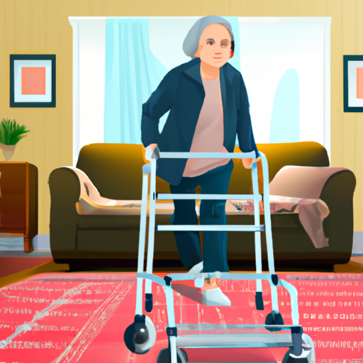 אישה מבוגרת משתמשת בהליכון מותאם כדי לנווט בסלון עם שטיחים.